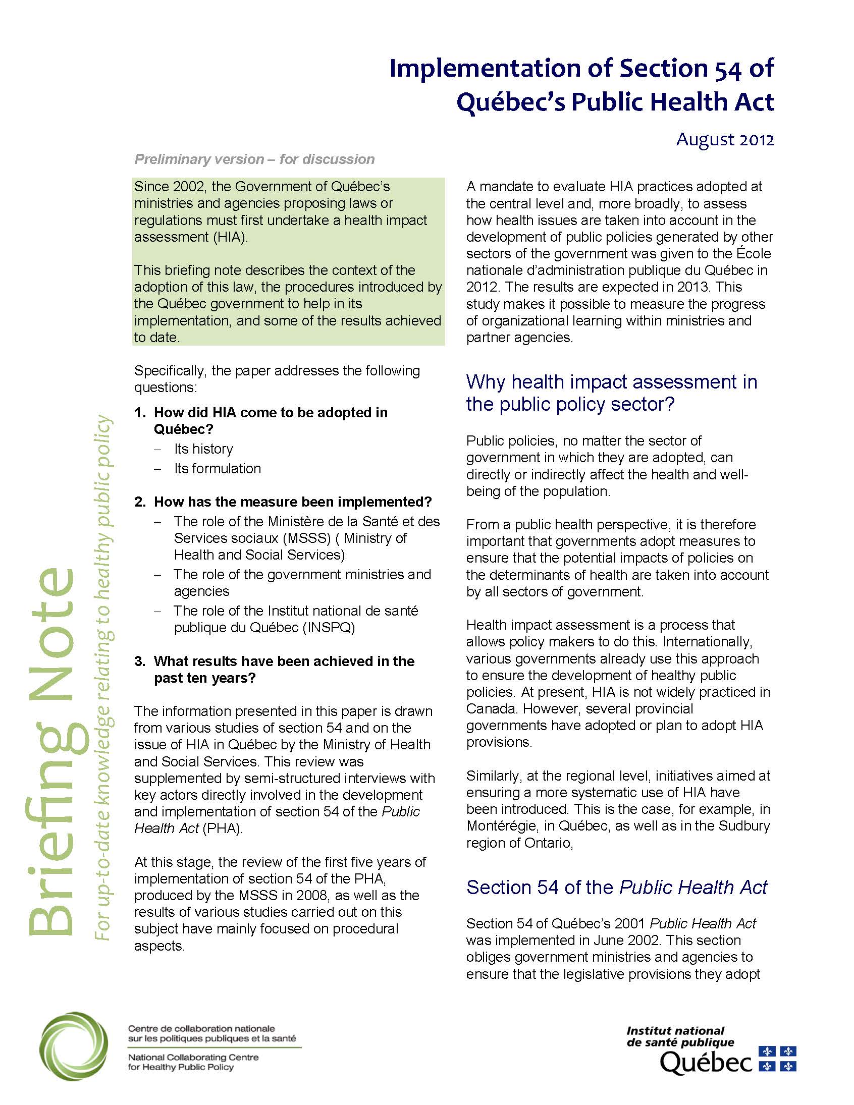 Implementation of Section 54 of Québec's Public Health Act National