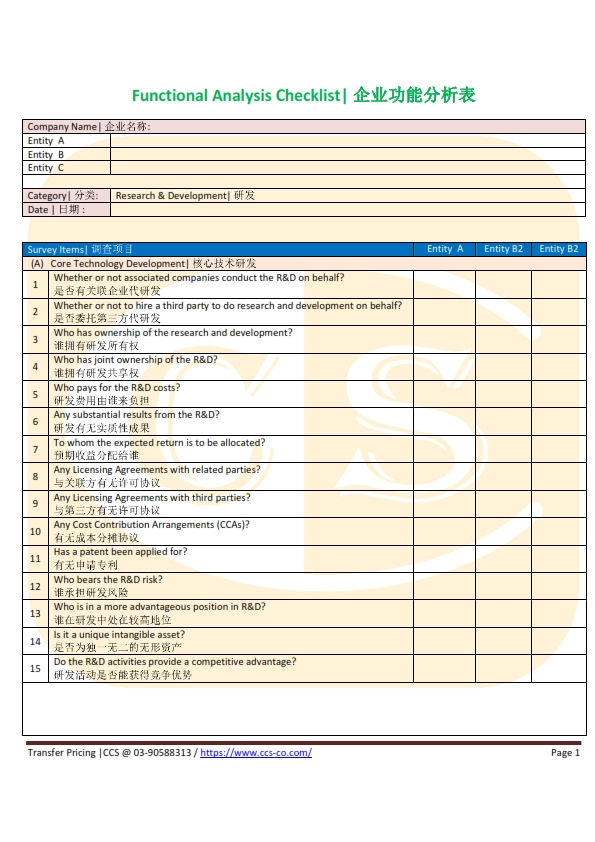 Transfer Pricing Functional Analysis Checklist R&D 转让定价 企业功能分析表 