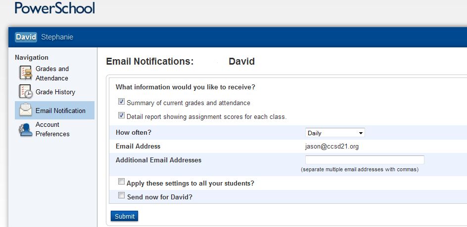 CCSD21 Parent Portal Email in the Parent Portal