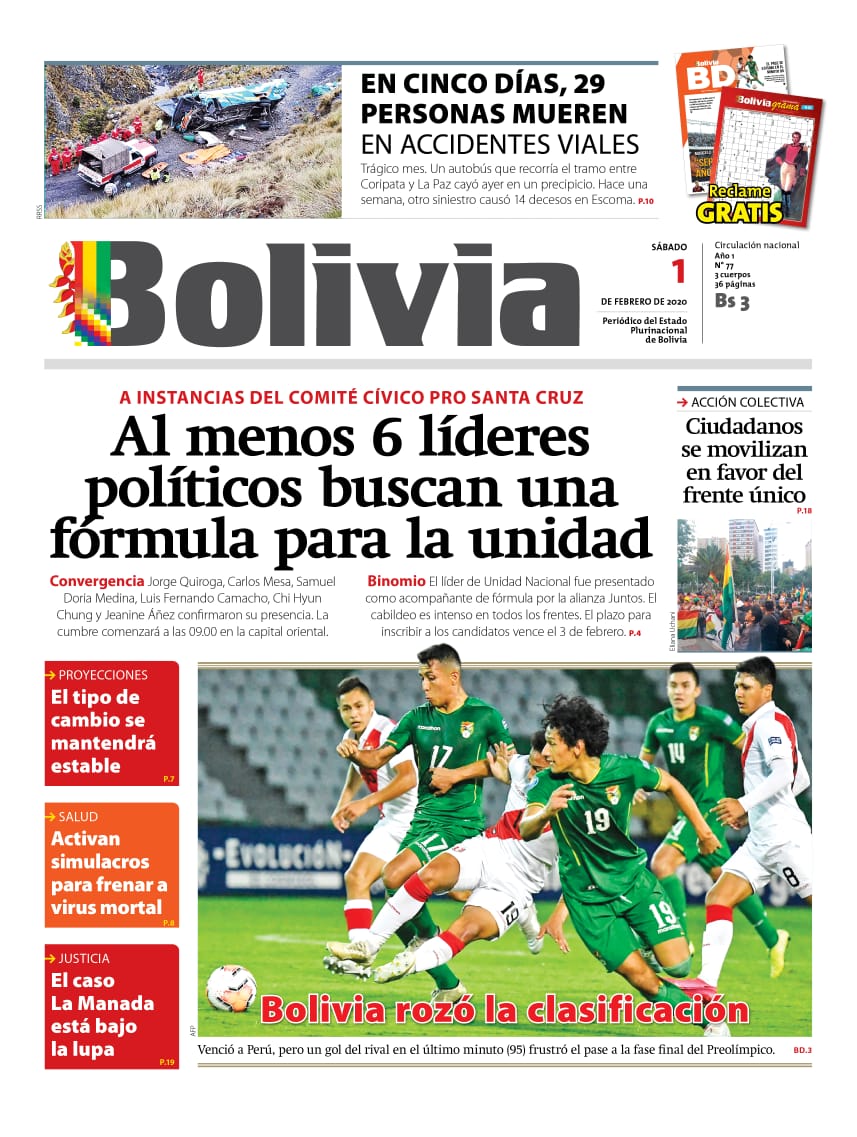 Portadas de periódicos de Bolivia del sábado 1 de febrero de 2020 eju.tv