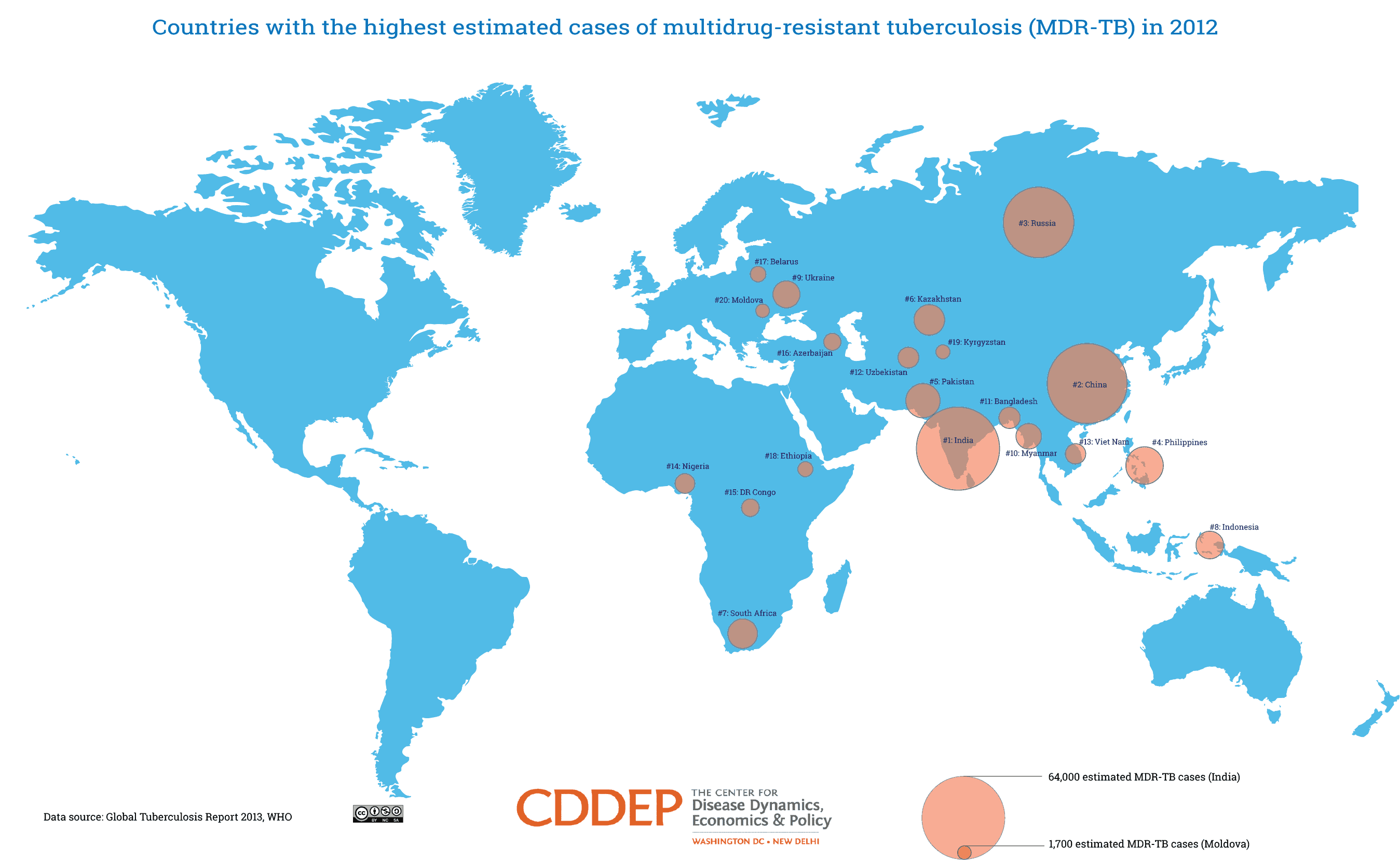 Countries with the highest estimated cases of multidrugresistant TB in