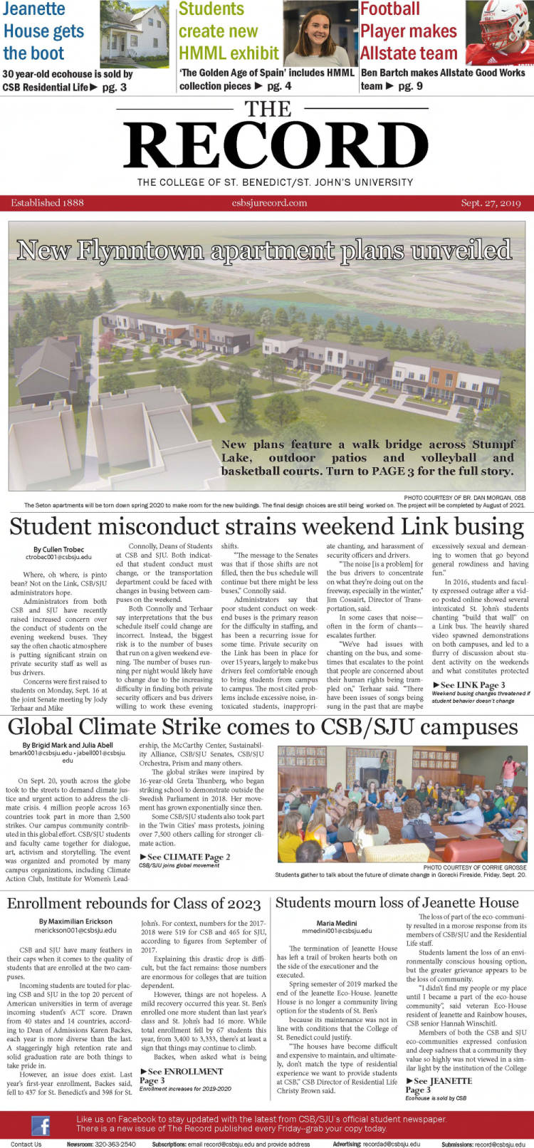 sju finals schedule spring 2023 2019-09-27, The Record (College Of Saint Benedict And Saint John's University) - Csb-Sju Student Newspapers - Vivarium