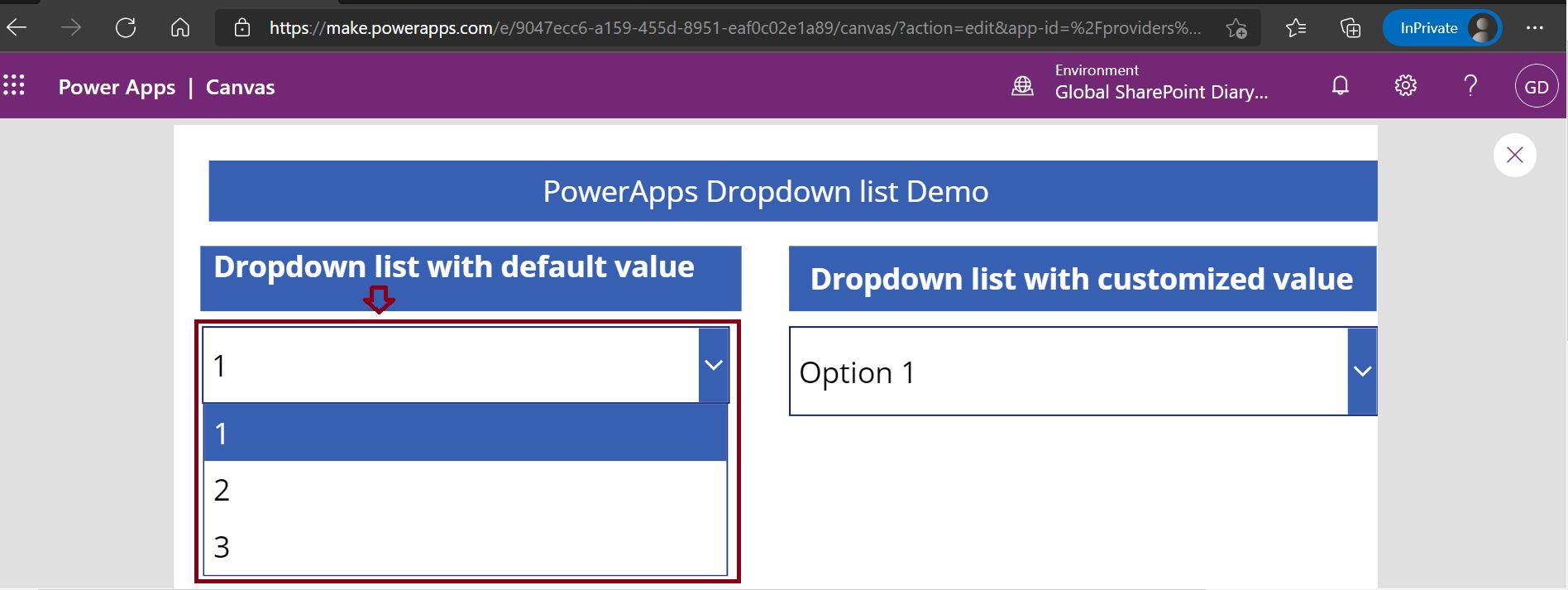 PowerApps dropdown items Custom Options Global SharePoint Diary