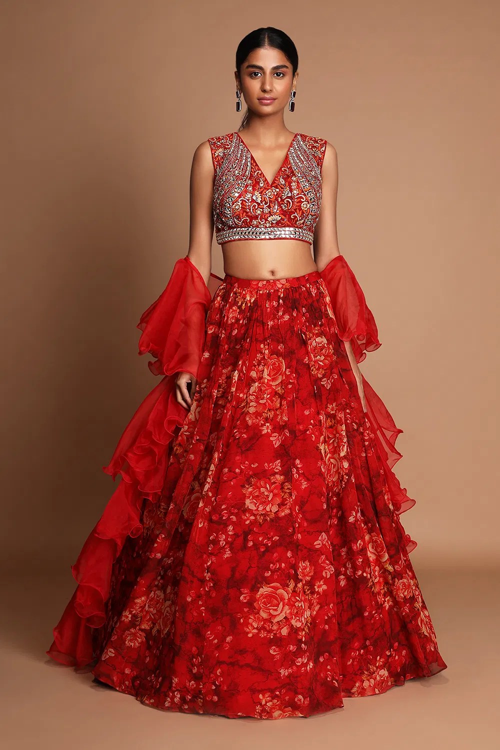 Fiery Red Floral Printed Lehenga Set with Embroidered Blouse and