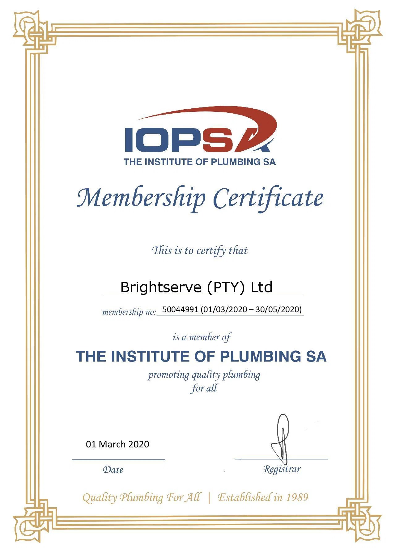 Proud Member of The Institute of Plumbing South Africa IOPSA BrightServe Plumbing