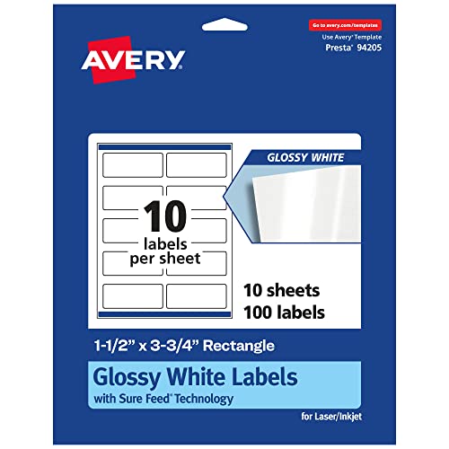 AVERY GLOSSY WHITE RECTANGLE LABELS WITH SURE FEED, 1.5 X 3.75, 100