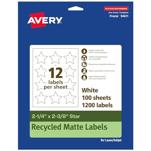 AVERY ECOFRIENDLY MATTE WHITE RECYCLED STAR LABELS, 21/4 X 23/8