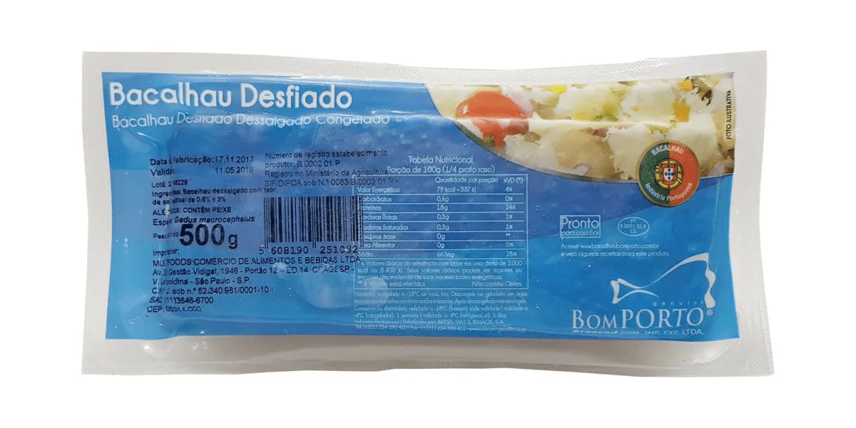 BACALHAU CONGELADO DESFIADO DESSALGADO BOM PORTO PACOTE 500G GTIN/EAN/UPC 5608190251032