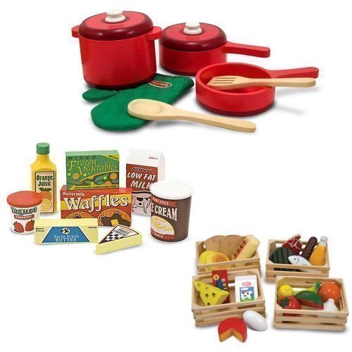 MELISSA & DOUG DELUXE WOODEN KITCHEN ACCESSORY SET WITH WOODEN FOOD