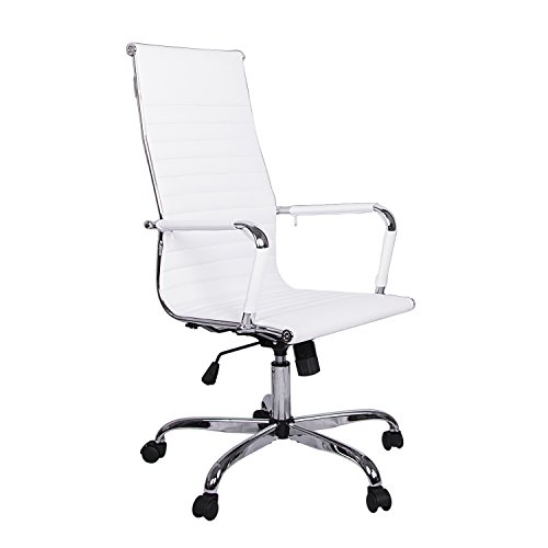 SLIVERYLAKE WHITE MODERN HEIGHT ADJUSTABLE ERGONOMIC RIBBED HIGH BACK EXECUTIVE OFFICE PU