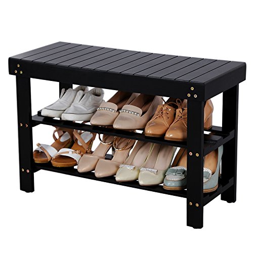 SONGMICS ENTRYWAY WOODEN SHOE BENCH 2TIER SHOE RACK ORGANIZER BLACK