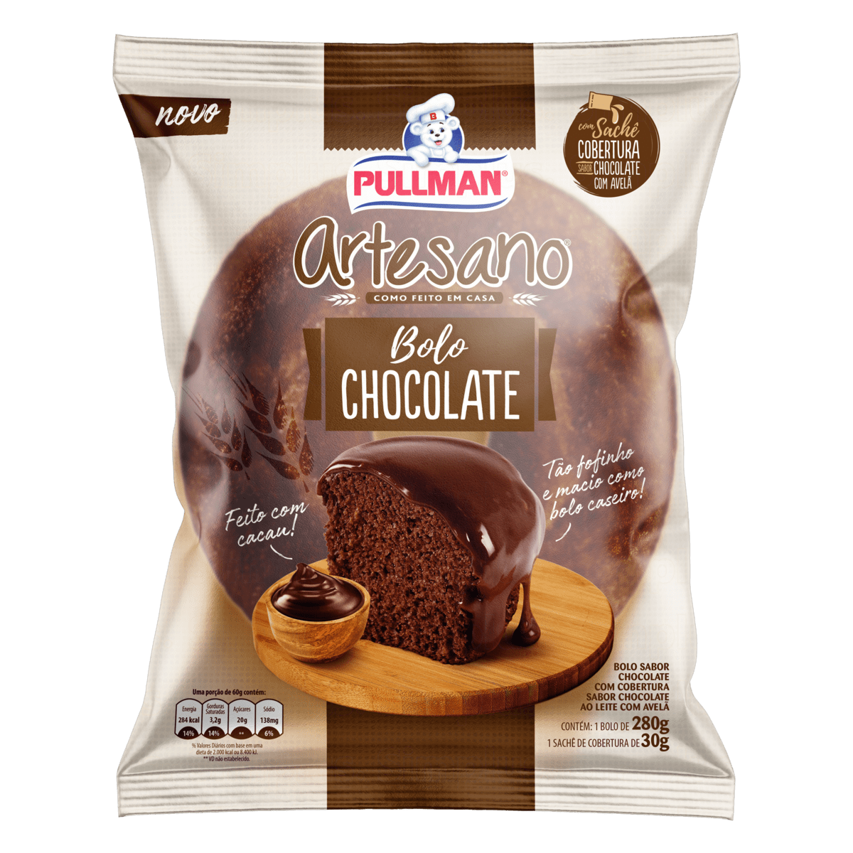 BOLO CHOCOLATE COBERTURA CHOCOLATE PULLMAN ARTESANO PACOTE 310G GTIN