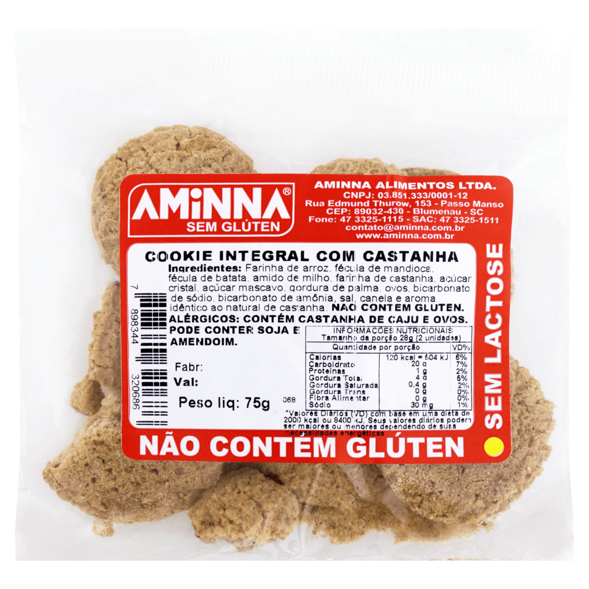 BISCOITO COOKIE INTEGRAL CASTANHA SEM GLÚTEN ZERO LACTOSE AMINNA PACOTE