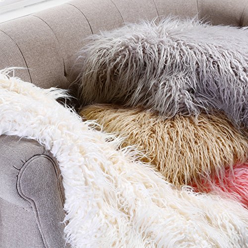 CYNTHIA ROWLEY BEIGE MONGOLIAN LAMB WOOL FAUX FUR THROW BLANKET FUZZY