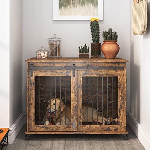 LYROMIX DOG CRATE FURNITURE FOR SMALL & MEDIUM PETS, WOODEN CAGE END