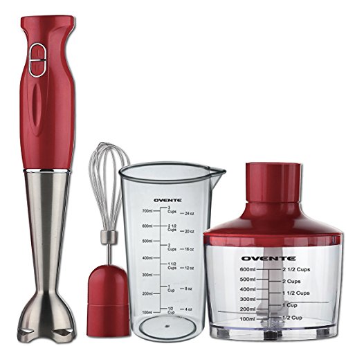 OVENTE HS585R ROBUST STAINLESS STEEL IMMERSION HAND BLENDER WITH BEAKER, WHISK ATTACHMENT AND