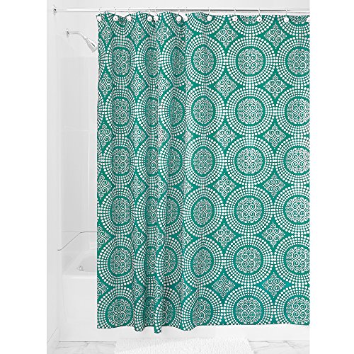 INTERDESIGN MEDALLION FABRIC SHOWER CURTAIN, 72 X 72, WHITE/DEEP TEAL