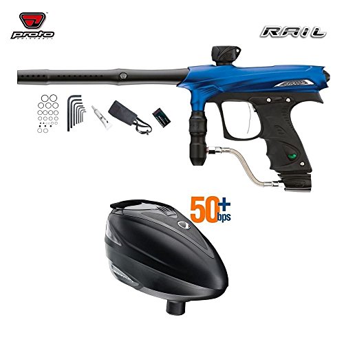 PROTO RAIL PAINTBALL GUN + DYE ROTOR HOPPER COMBO PACKAGE DUST BLUE