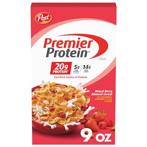 POST PREMIER PROTEIN MIXED BERRY ALMOND CEREAL, HIGH PROTEIN CEREAL, PROTEINRICH BREAKFAST OR