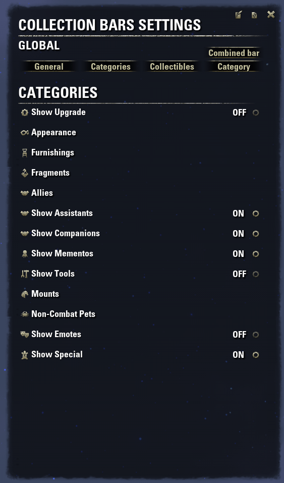 Collection bars Bags, Bank, Inventory Elder Scrolls Online AddOns