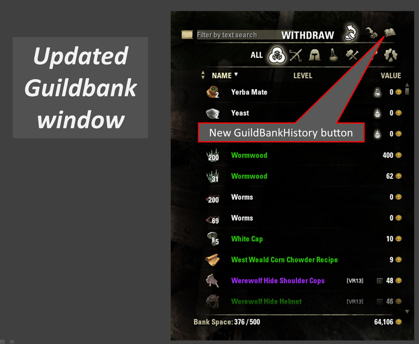 GuildBankHistory Discontinued & Outdated Elder Scrolls Online AddOns