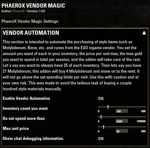 PhaeroX Vendor Magic Bags, Bank, Inventory Elder Scrolls Online AddOns