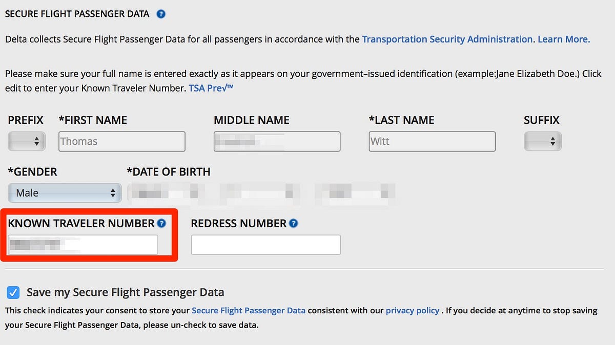 Known Traveler Number On Card Sample Airline Reservation