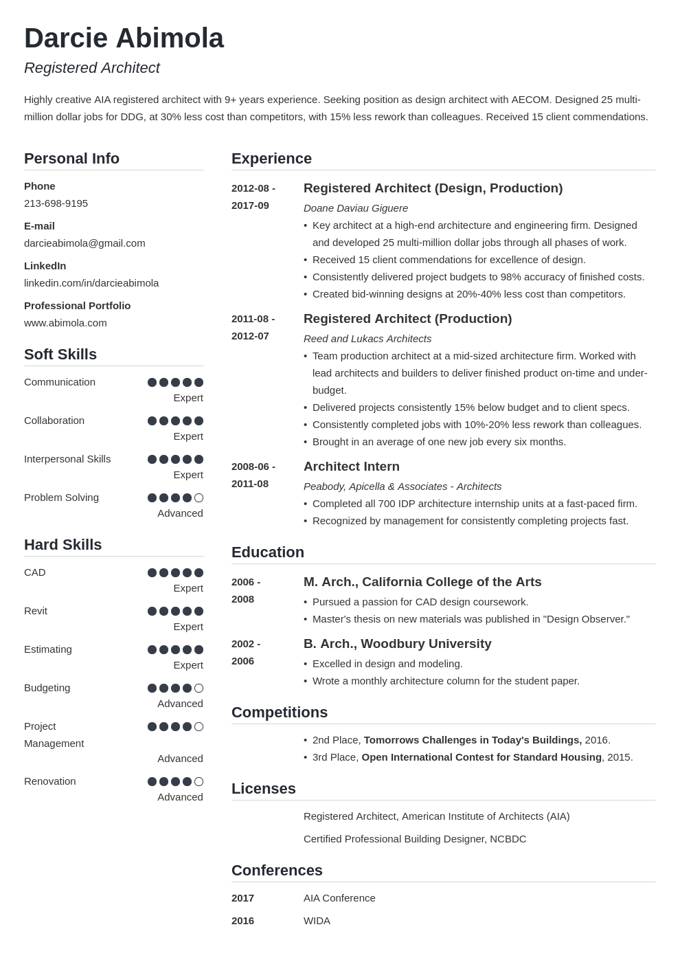 Architecture Resume Example for an Architect [2022 Template]