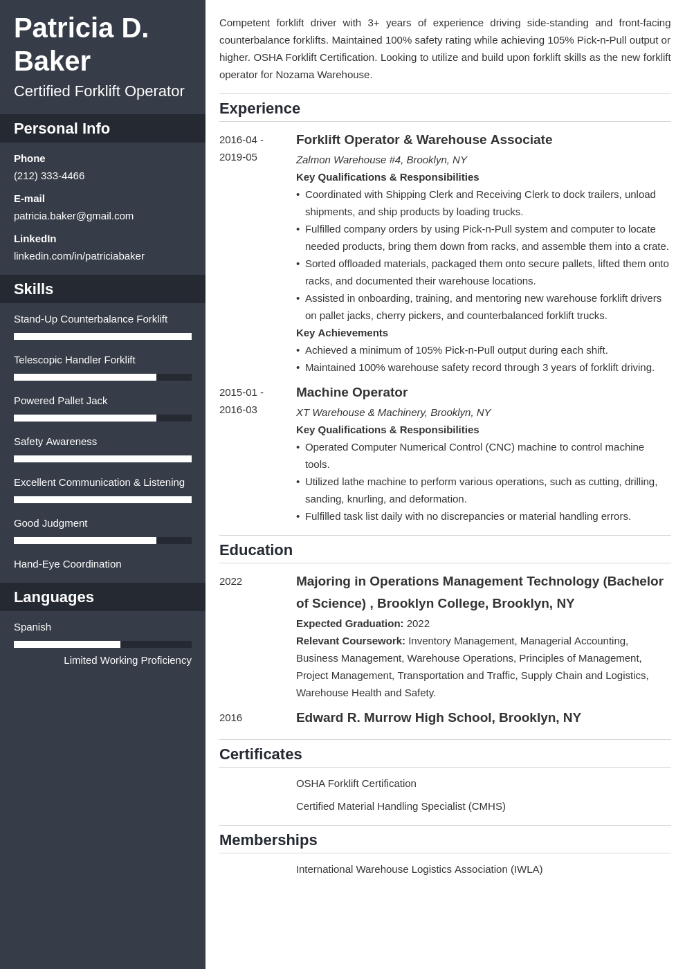 Forklift Operator Resume (Sample Job Description & Guide)