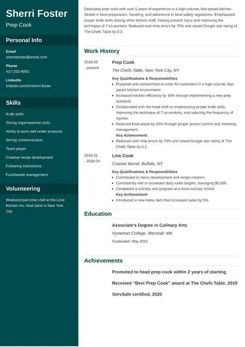 Prep Cook Resume Job Description, Sample, & Skills List