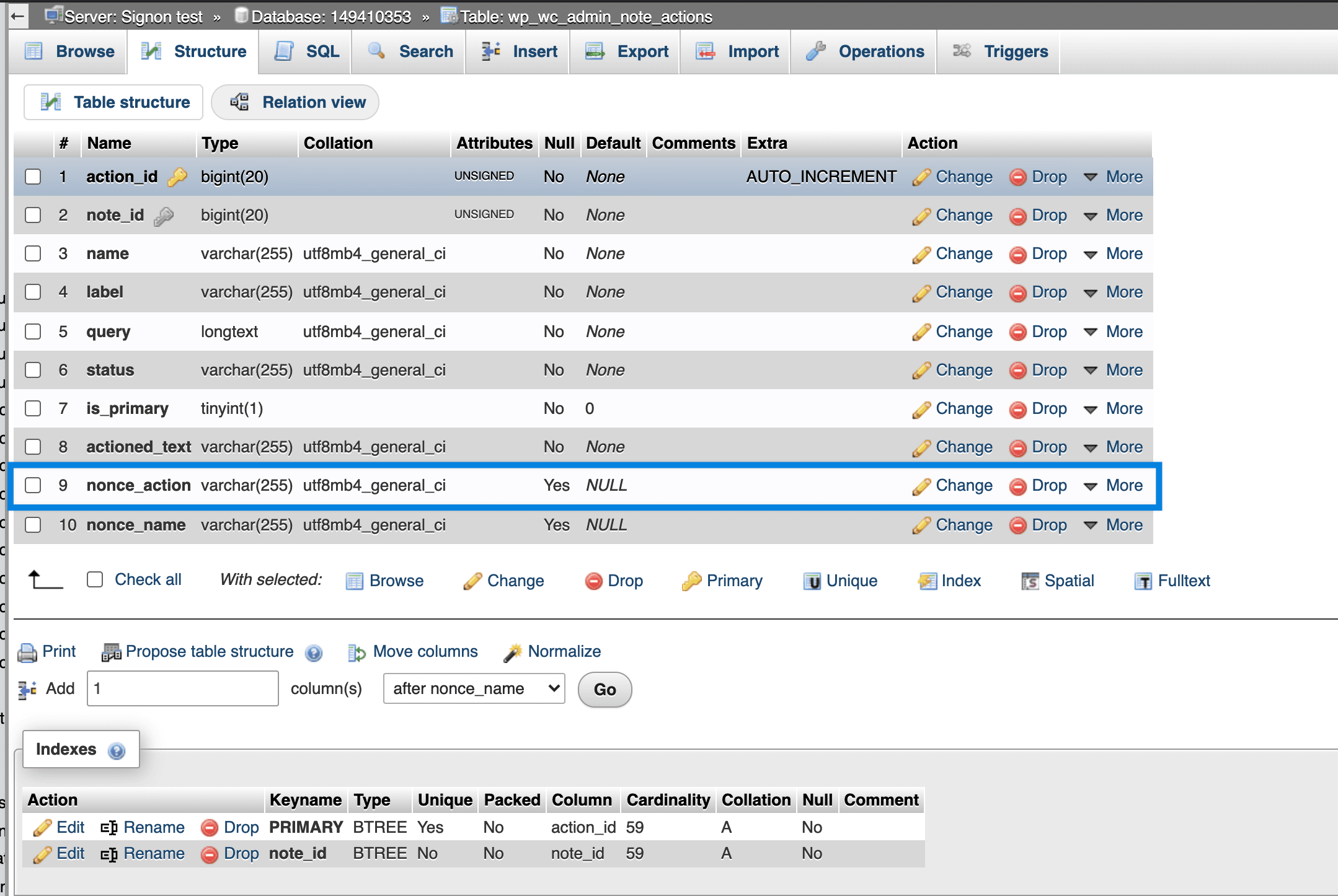 WordPress database error Unknown column ‘nonce_action’ in ‘field list