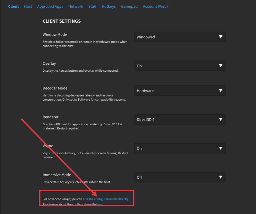 Accessing Your Advanced Settings Parsec
