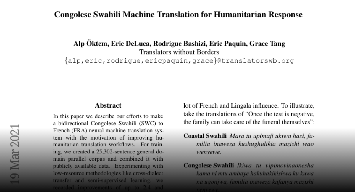 Paper page Congolese Swahili Machine Translation for Humanitarian