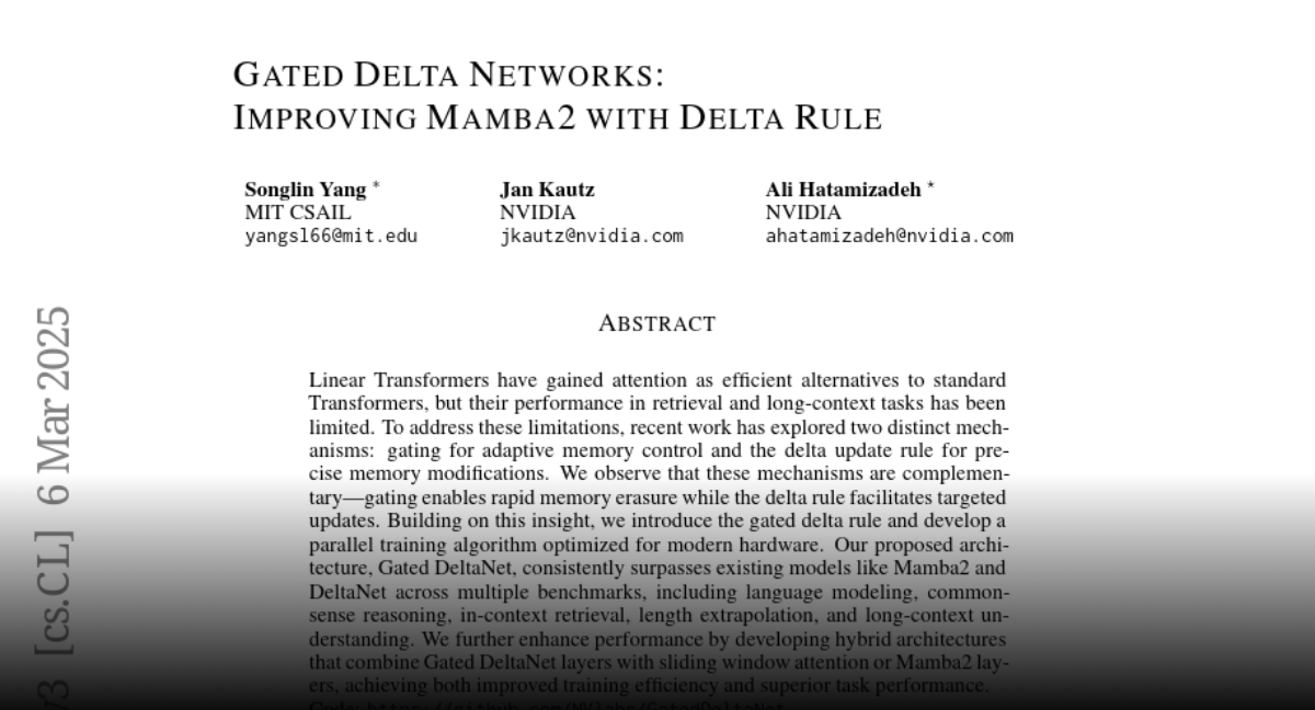 Paper page Gated Delta Networks Improving Mamba2 with Delta Rule