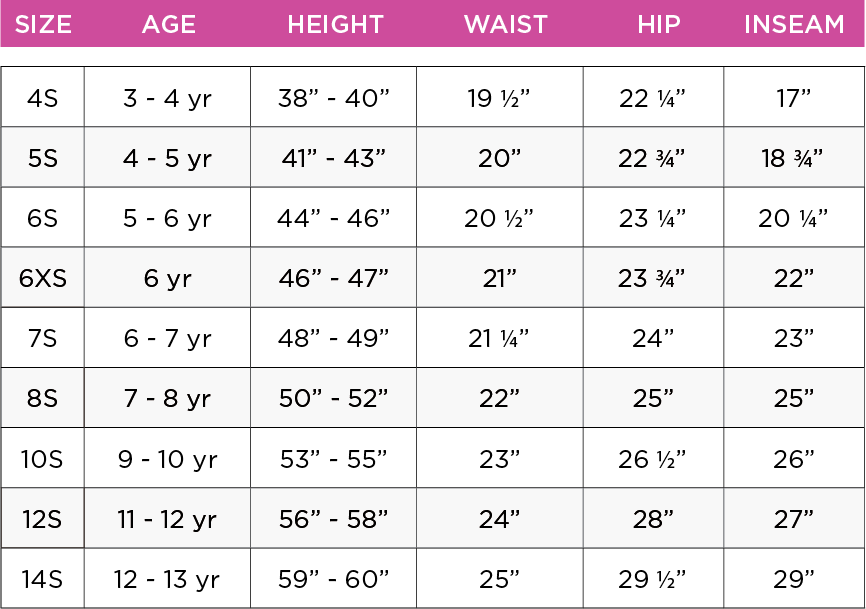 Girls Clothing Size Charts French Toast