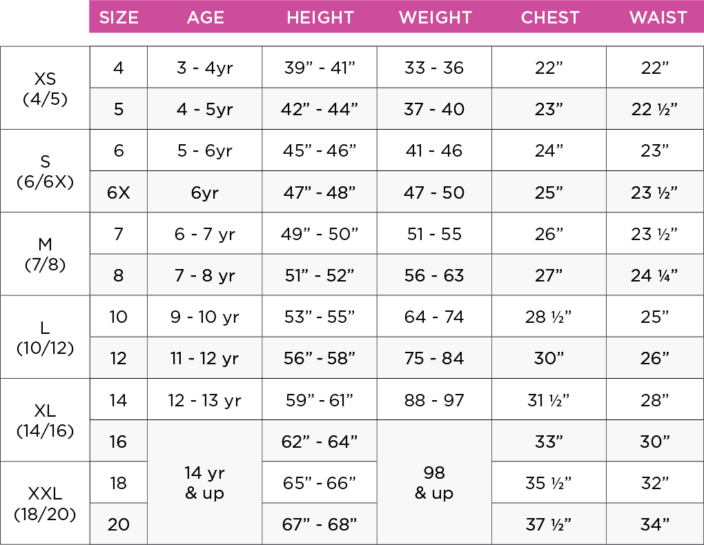 Girls Size Chart - Customer Service - French Toast