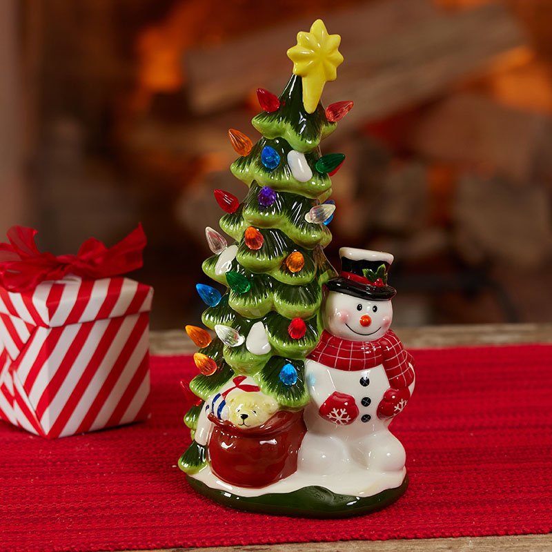 Light Up Ceramic Snowman with Christmas Tree Cracker Barrel