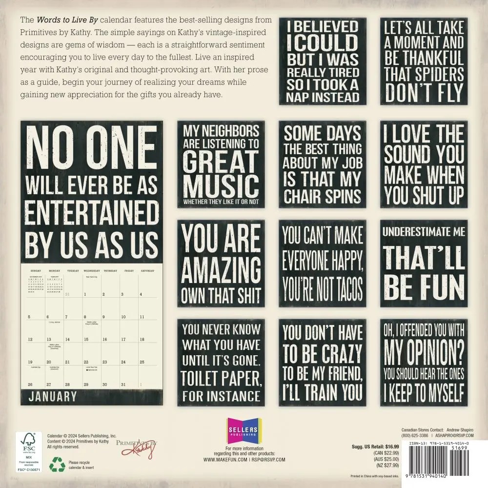 Words to Live By 2025 Wall Calendar