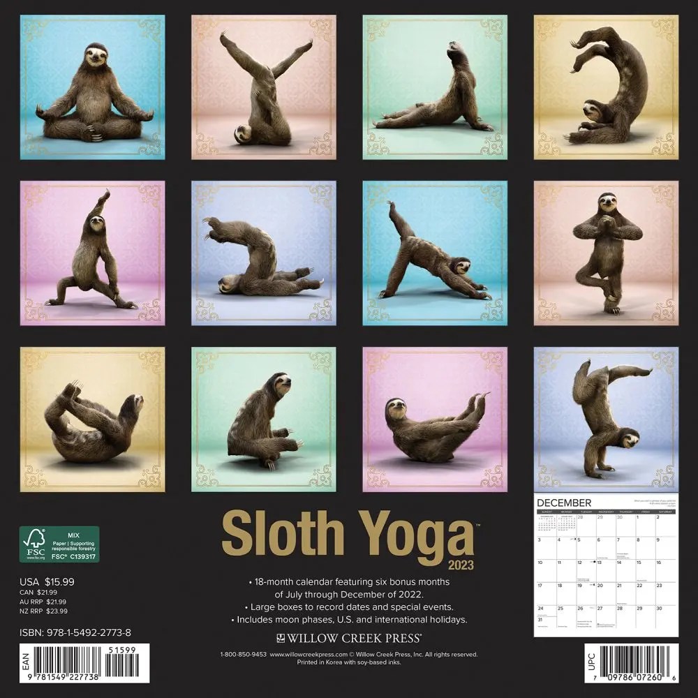 Sloth Yoga 2023 Wall Calendar