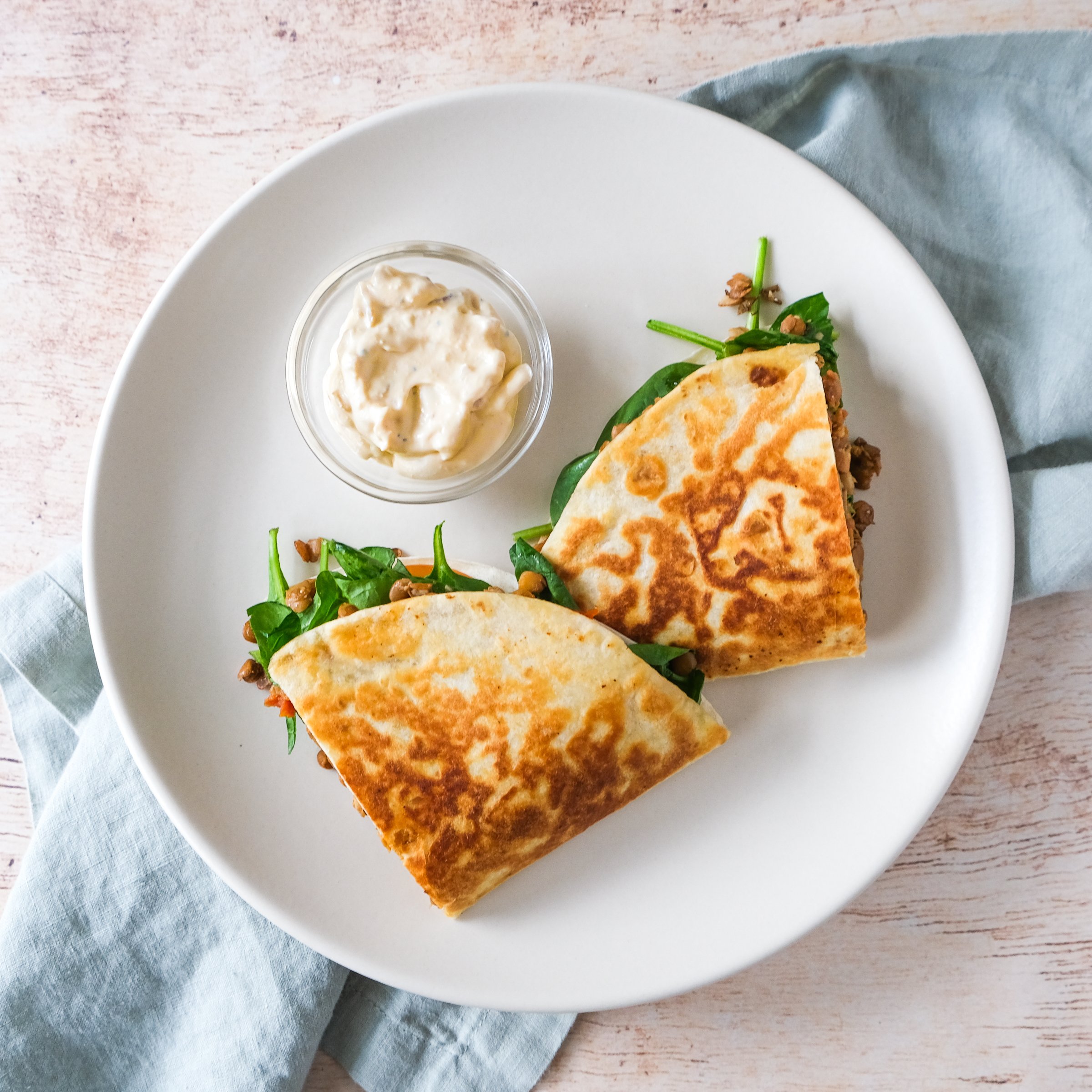 Lentil, SunDried Tomato, Spinach & Gouda Quesadilla with Onion Dip