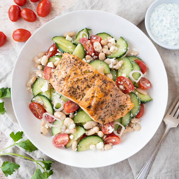 Mealime Seared Salmon over Mediterranean Bean Salad with Feta & Yogurt Sauce