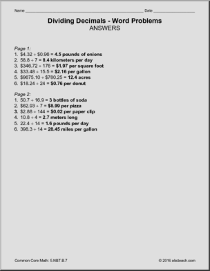Dividing Decimals Word Problems Math