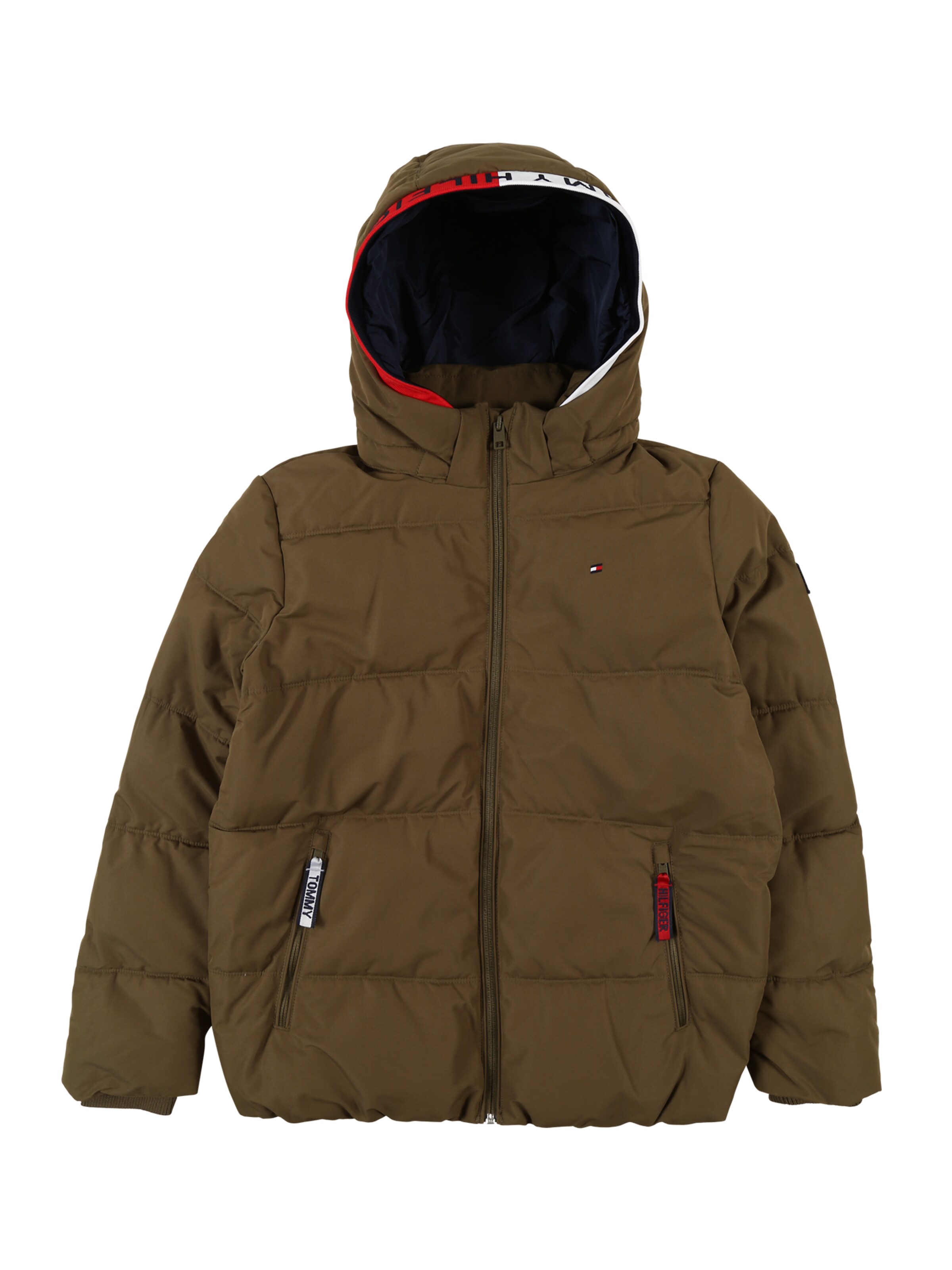 TOMMY HILFIGER Jacke 'ESSENTIAL' in dunkelbraun / oliv / rot / weiß