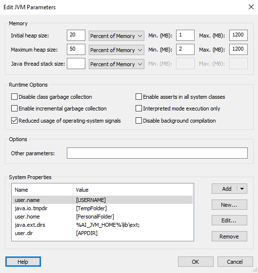 Edit Java Virtual Machine Parameters Dialog