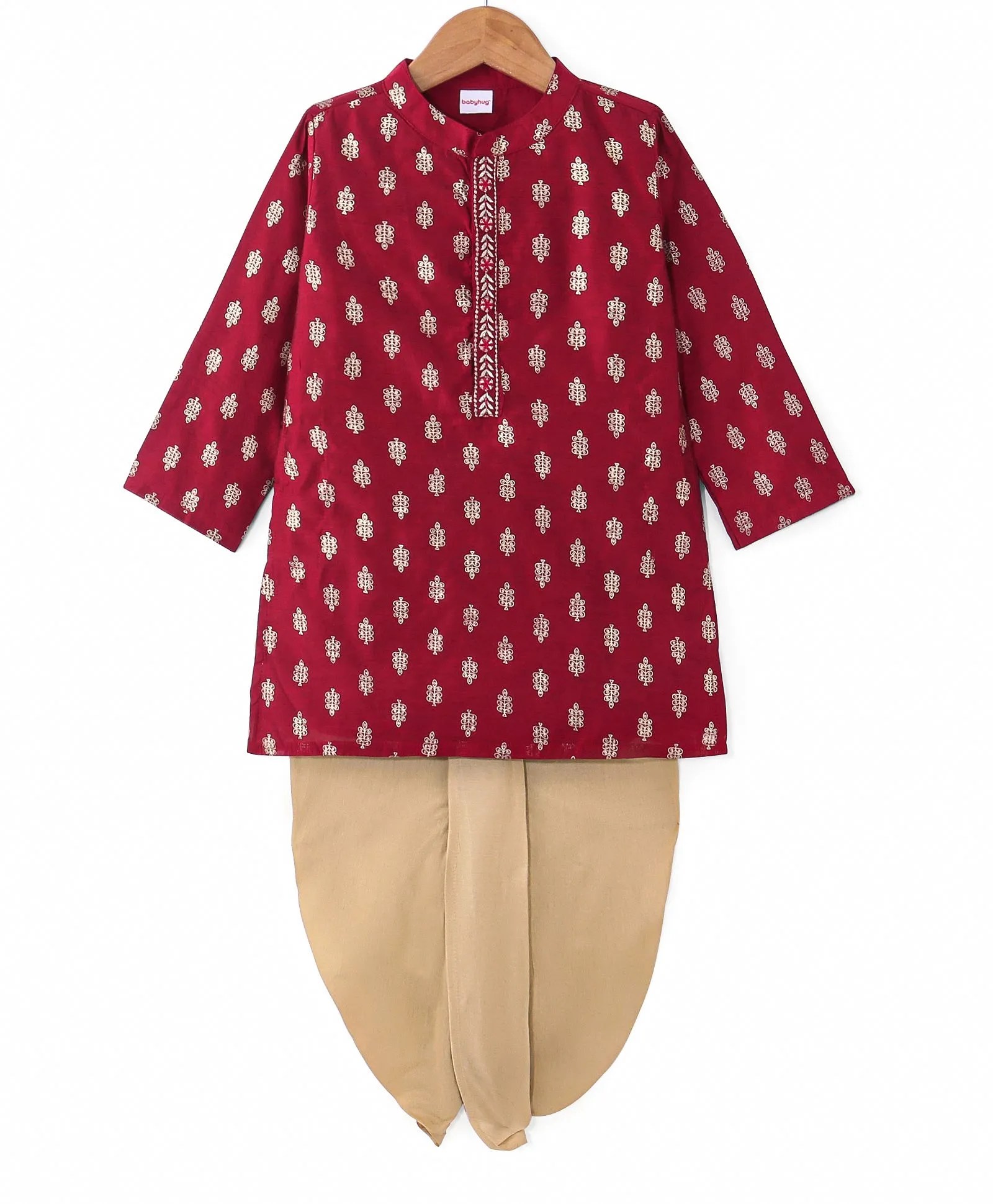 Babyhug Woven Full Sleeves Foil Printed Kurta Dhoti Set Maroon Online