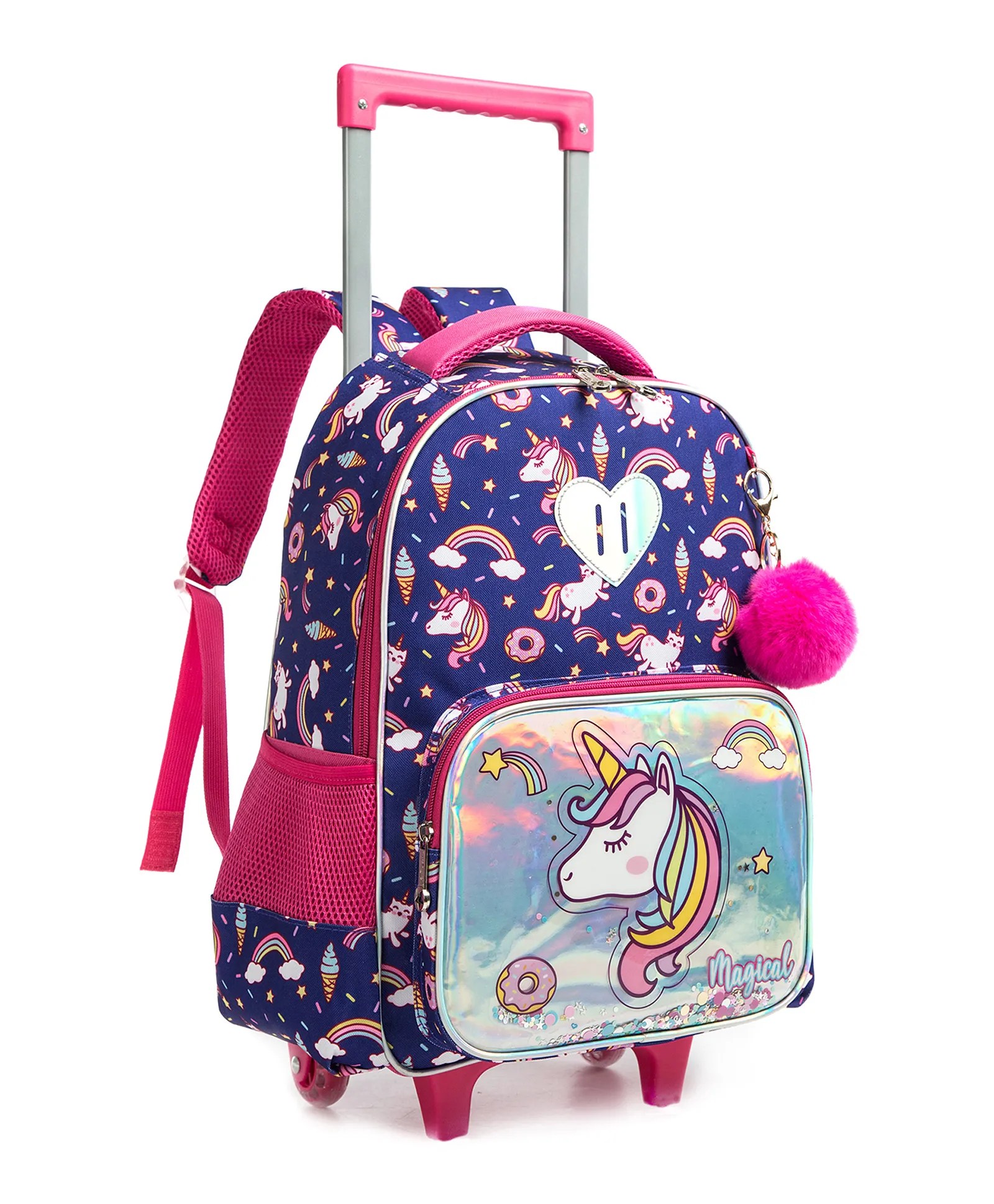 Eazy Kids Unicorn Chrome Trolley School Bag Set with Lunch Bag & Pencil