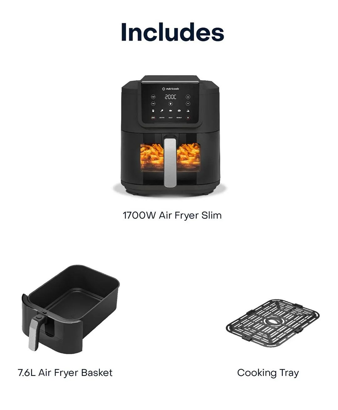 Nutricook Air Fryer Slim XL 7.6L 1700W with Presets, Quiet Operation