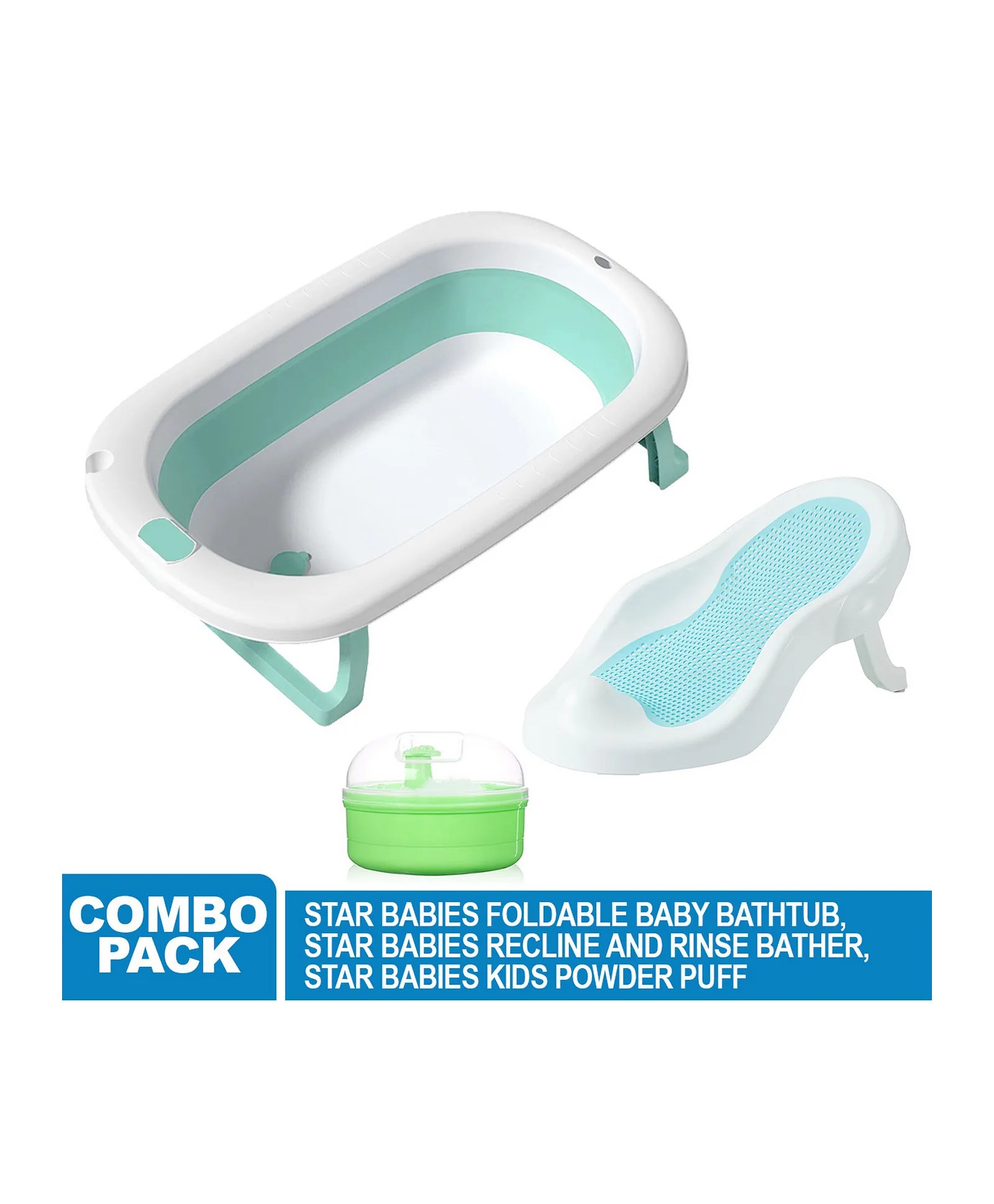 Star Babies Foldable Bathtub + Recline & Rinse Bather + Powder Puff