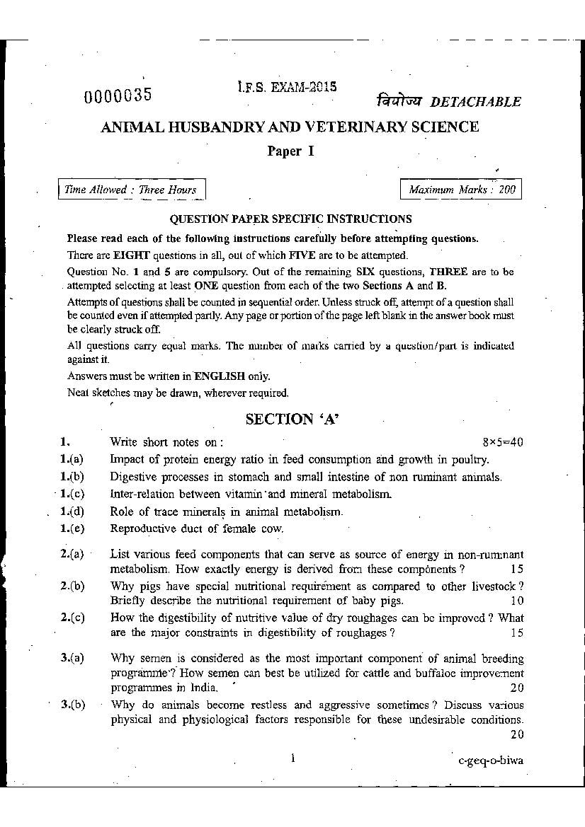 UPSC IFS 2015 Question Paper for Animal Husbandry & Veterinary Science