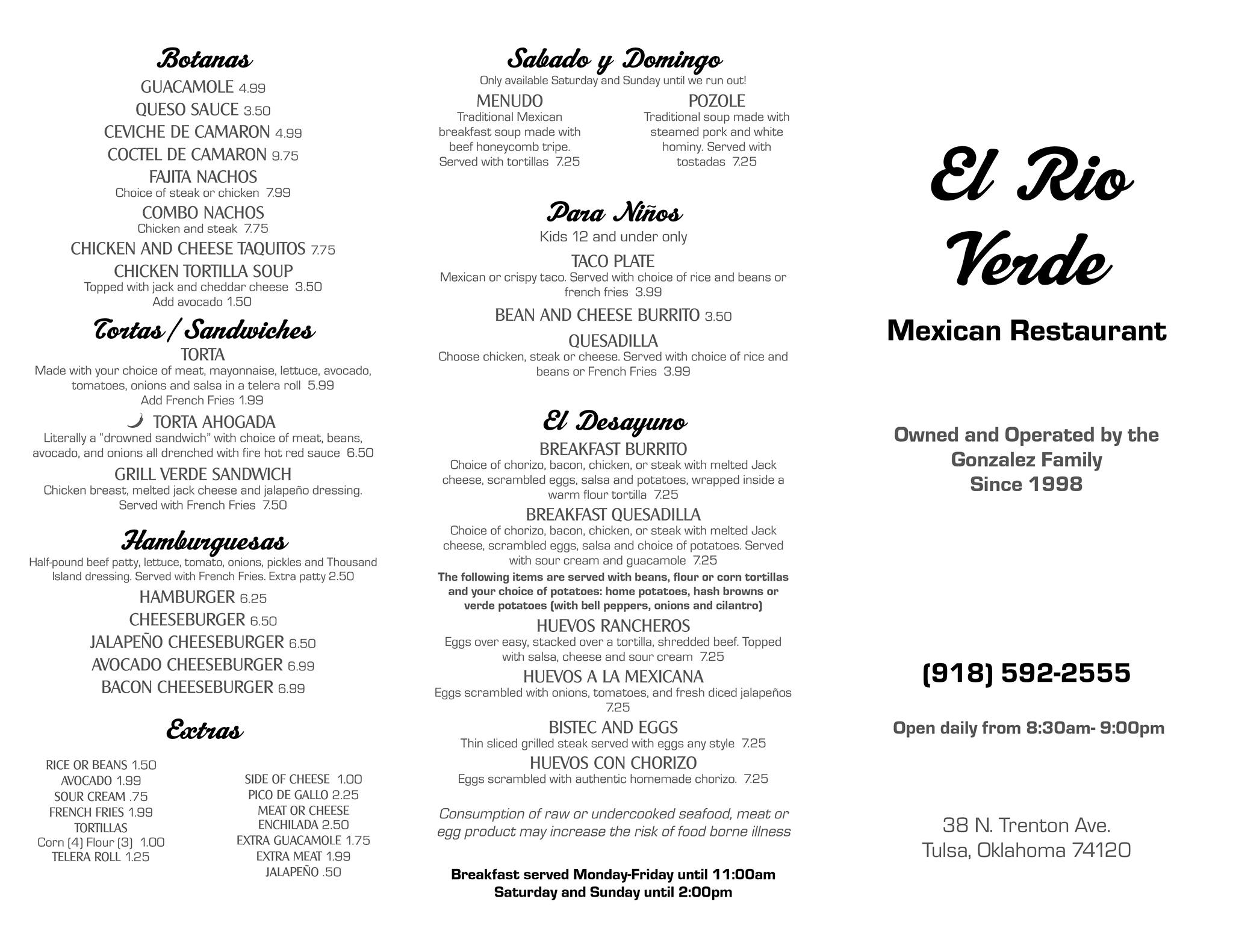 El Rio Verde Restaurant Menu Tulsa, Oklahoma